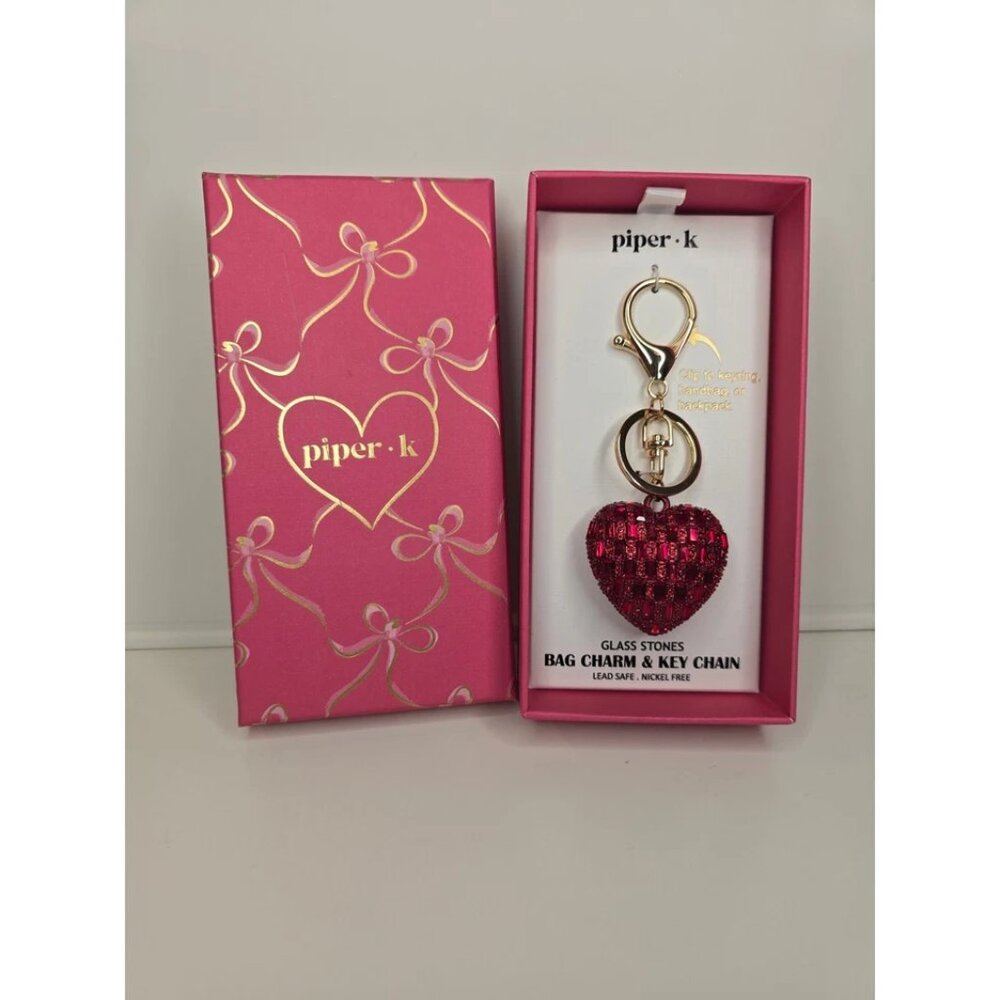 Piper K  Red Glass Stone Heart Bag Charm and Key Chain - NIB